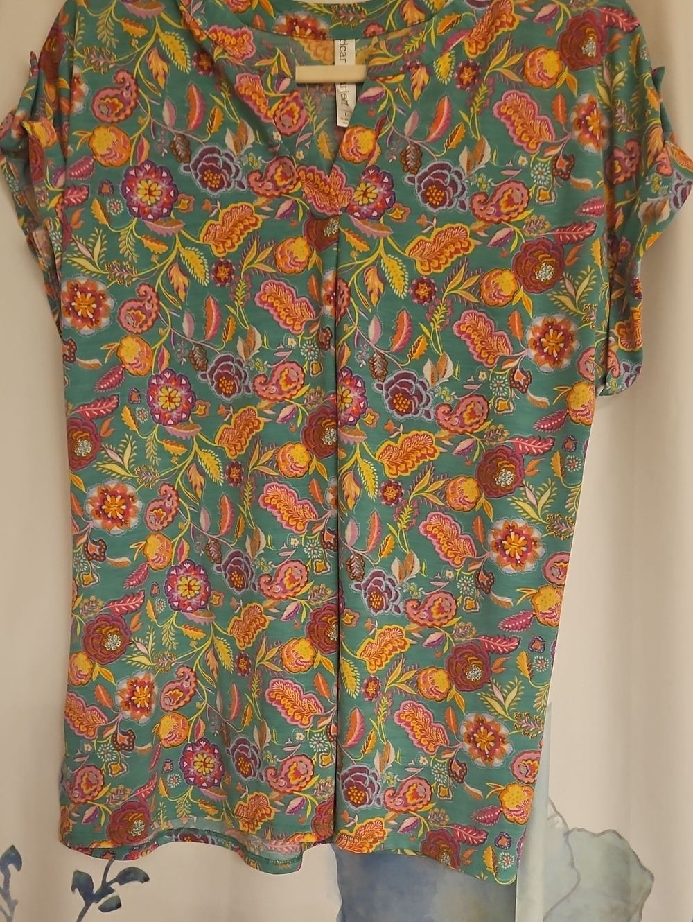 Teal Floral Short-Sleeve Women's Blouse